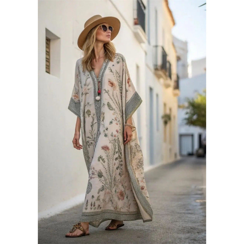 Boho Abstract Print V-Neck Batwing Maxi Kaftan Beach Cover-Up