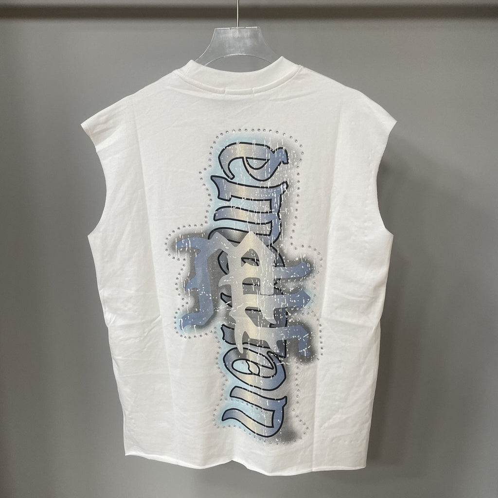 MIXED EMOTION White Vertical Wordmark Sleeveless Graphic Top