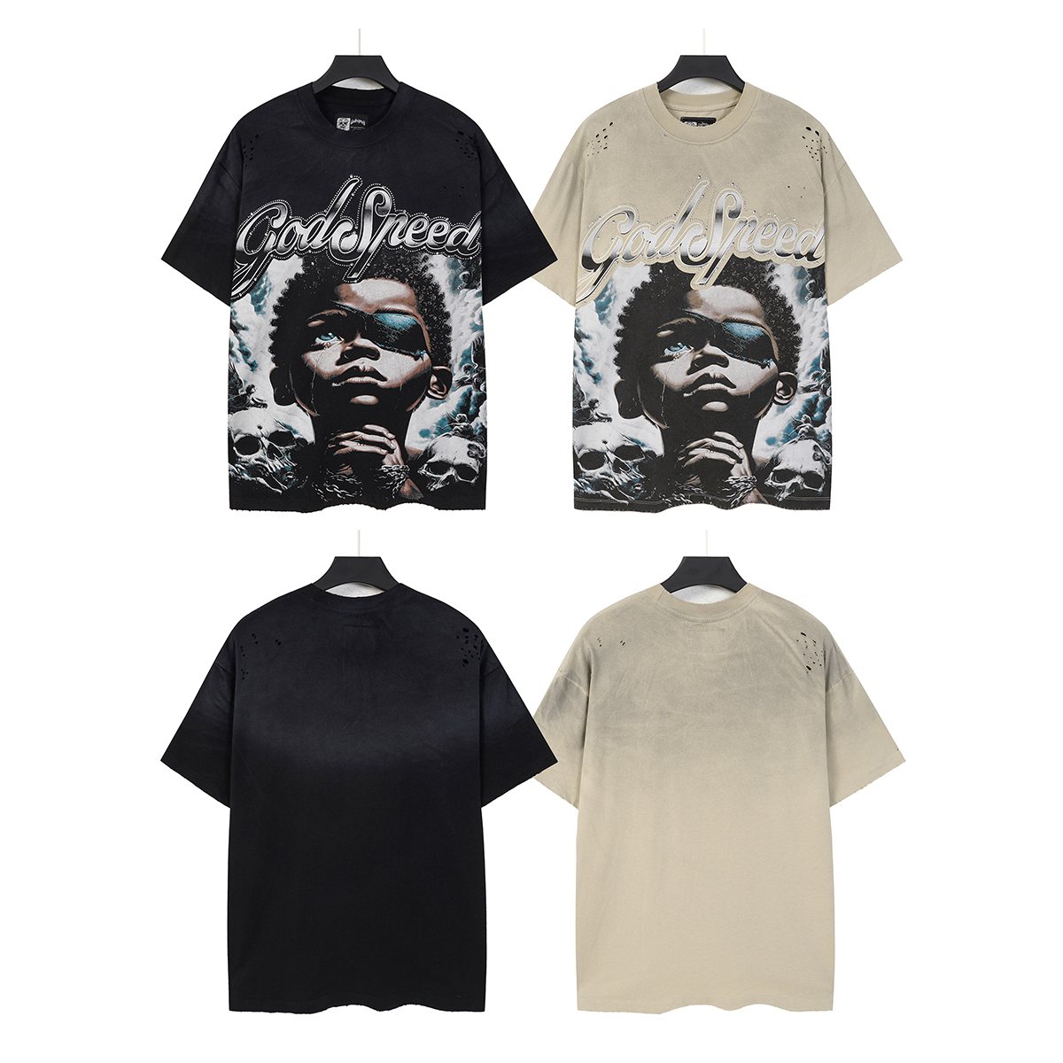 Godspeed Portrait Skull Distressed Short-Sleeve T-Shirt