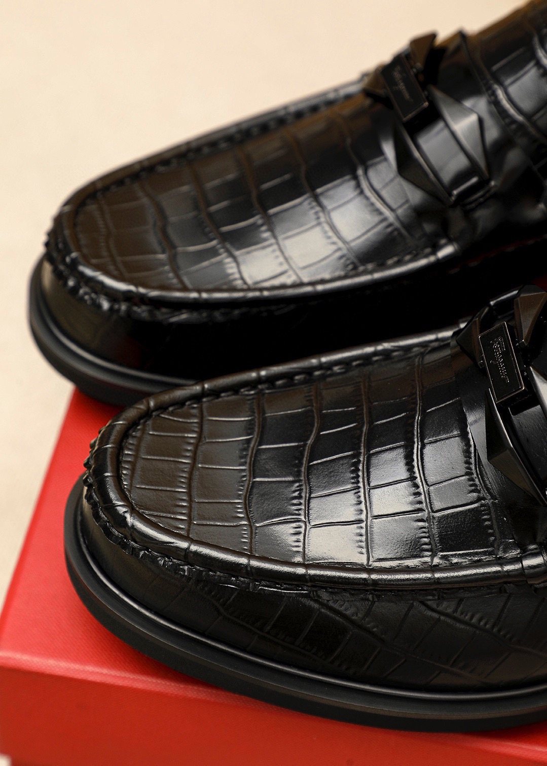 Ferragamo Black Embossed Leather Loafers